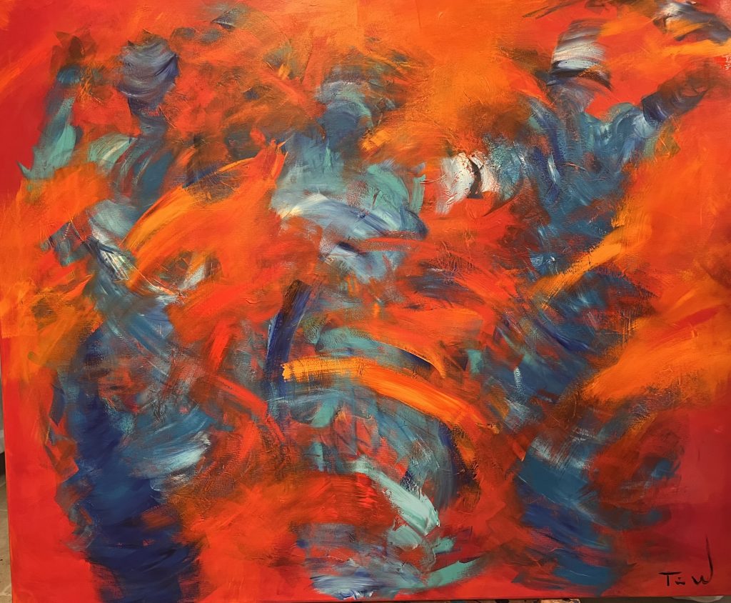 Flot stort dynamisk og glad maleri, hvor man fornemmer dansende figurer i de blå spontane streger på den røde varme baggrund