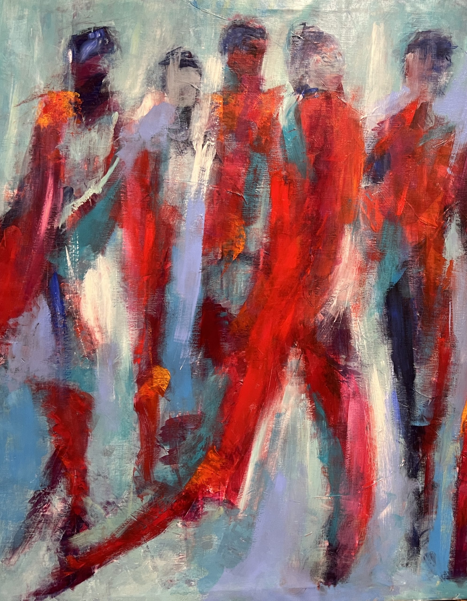 Mennesker på vej i dejligt flademaleri med masser af varme farver fra lyst blåt over lille til rødt og orange.
