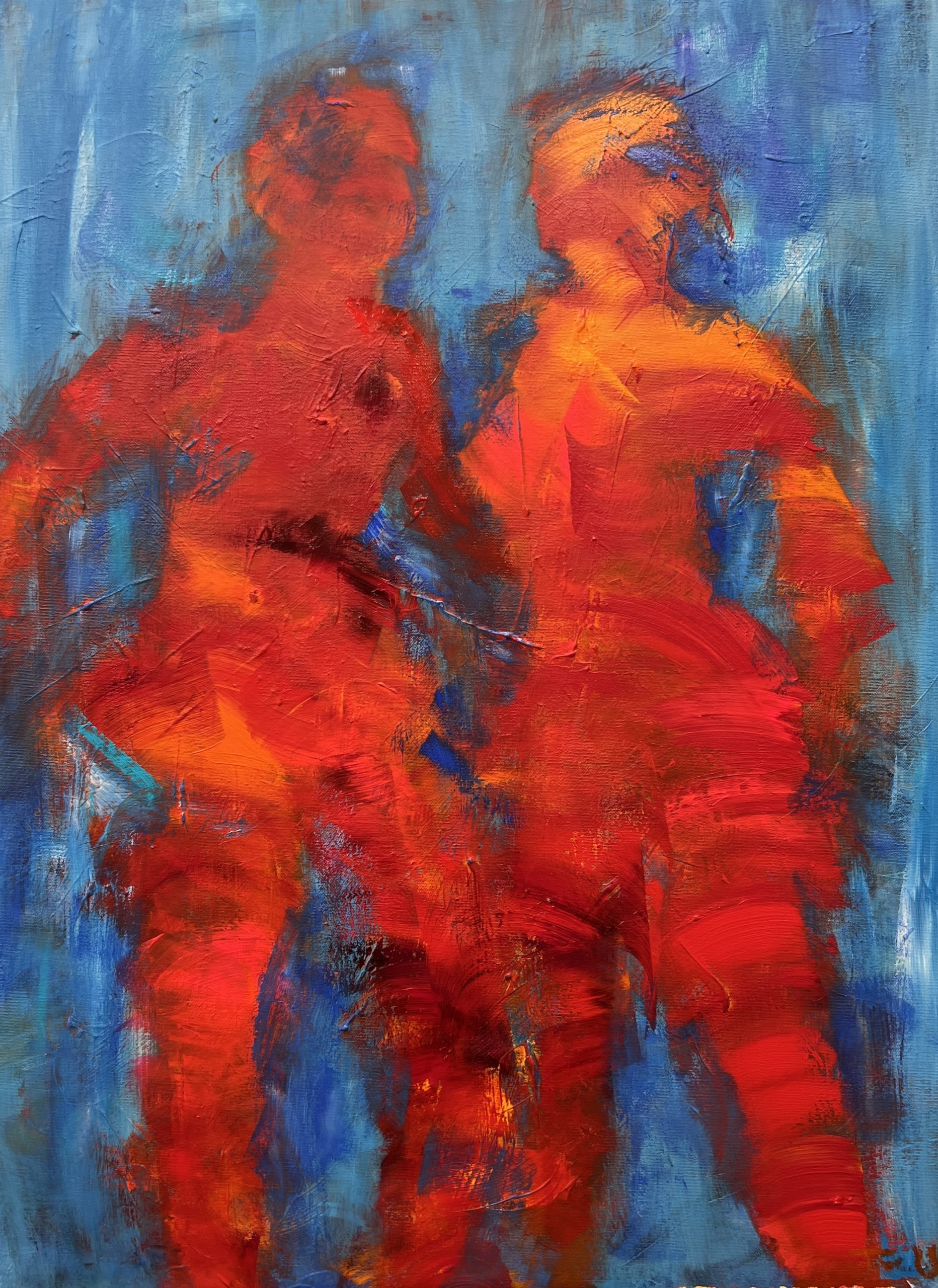 Halvabstrakt maleri hvor to personer toner frem af den blå tåge og kigger hinanden an